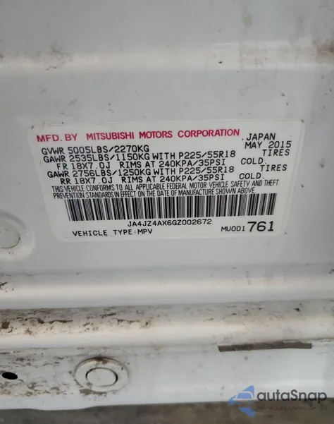 2016 Mitsubishi Outlander Gt from USA, damaged, VIN JA4JZ4AX6GZ002672